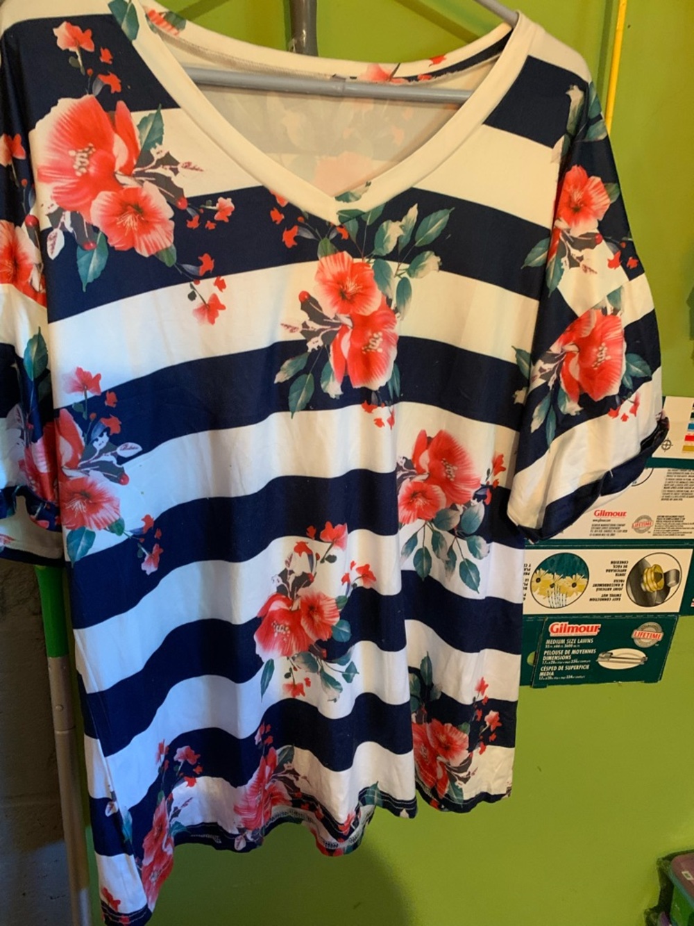 Navy & White Striped Short Sleeve Tee with Coral Floral Print Size XXL